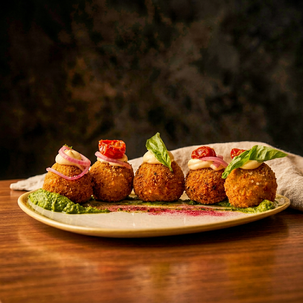 Crispy arancini topped with basil, aioli, cherry tomatoes and pickled onion