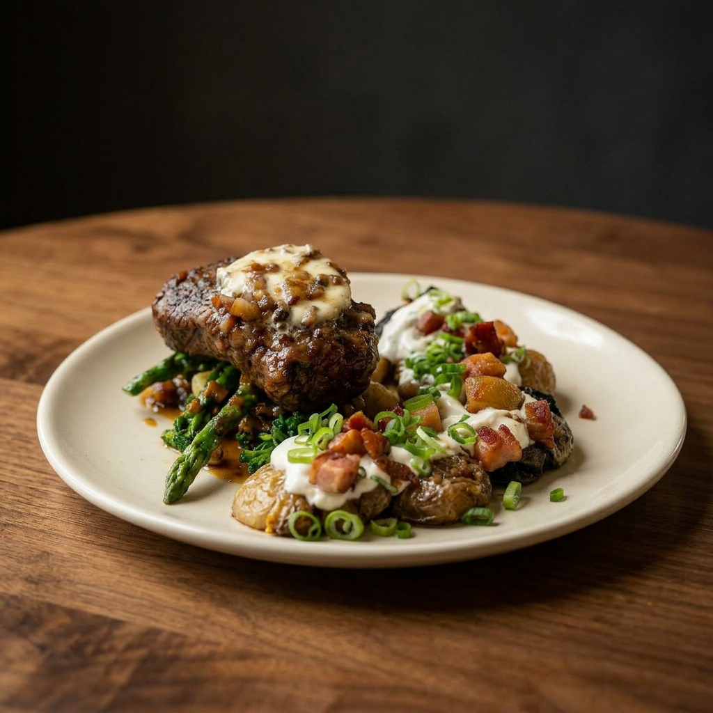 Seared steak with compound butter, greens and smashed potatoes