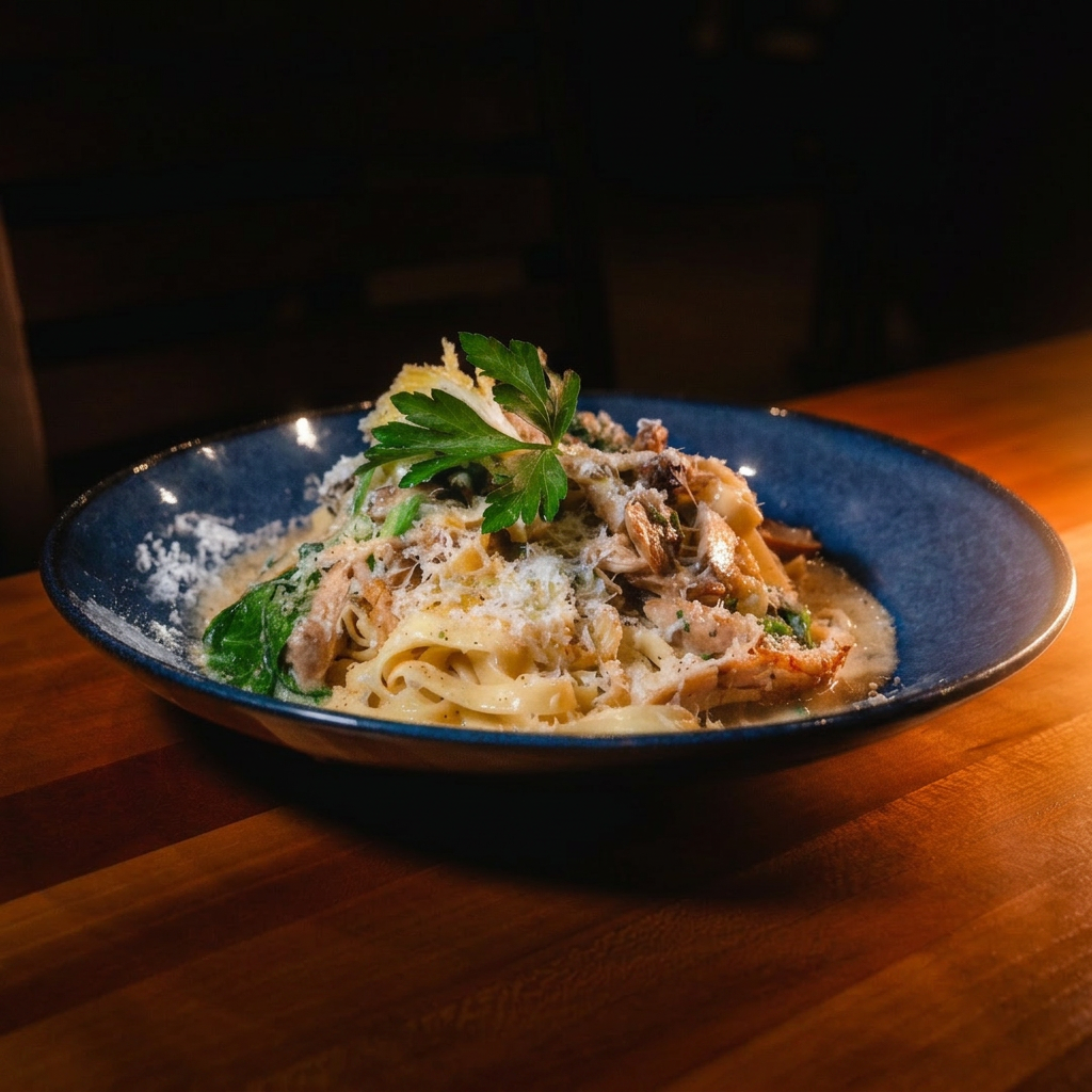Tagliatelle with mushrooms, greens and parmesan in a cream sauce