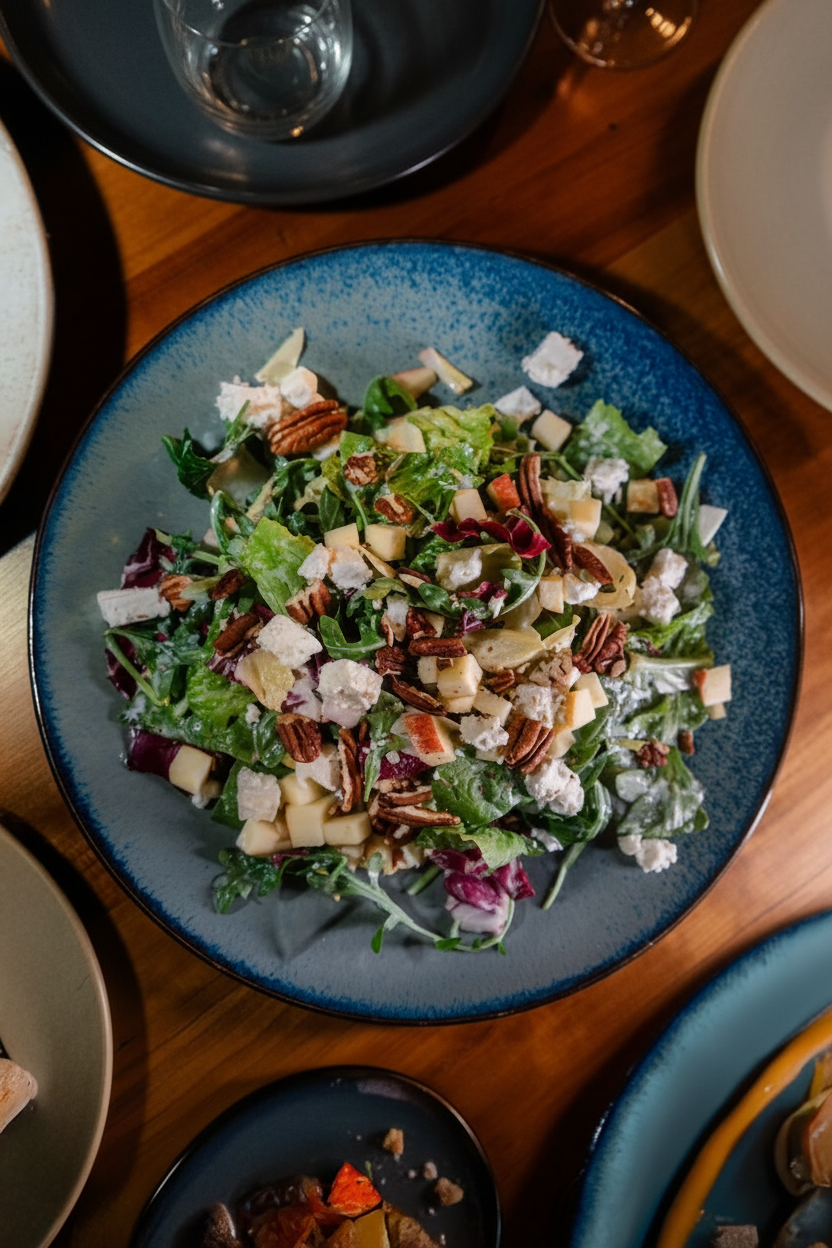 Mixed green salad with pecans, apple and soft white cheese in a blue bowl