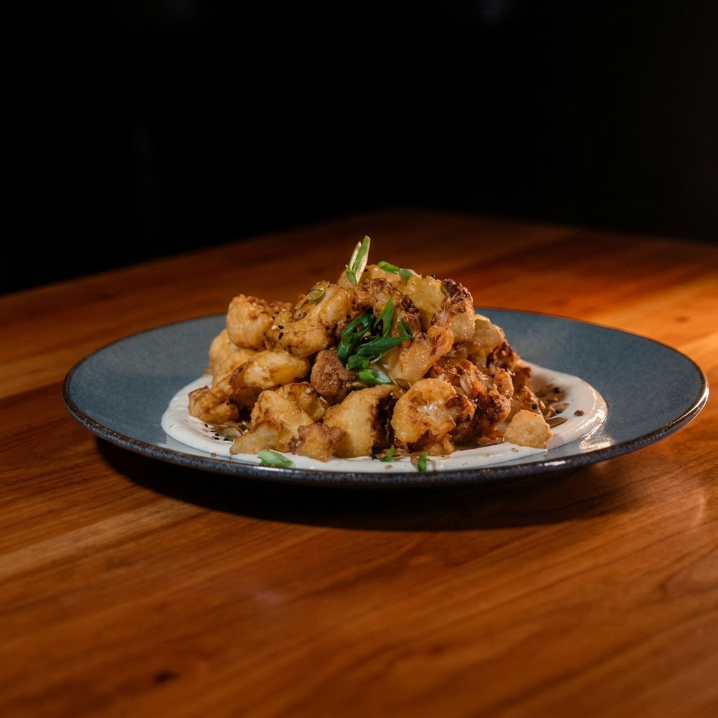 Crispy cauliflower with green onion over labneh
