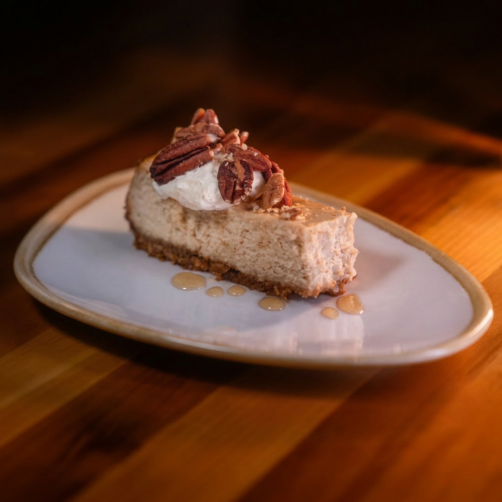 Maple-pecan cheesecake with whipped cream and toasted pecans