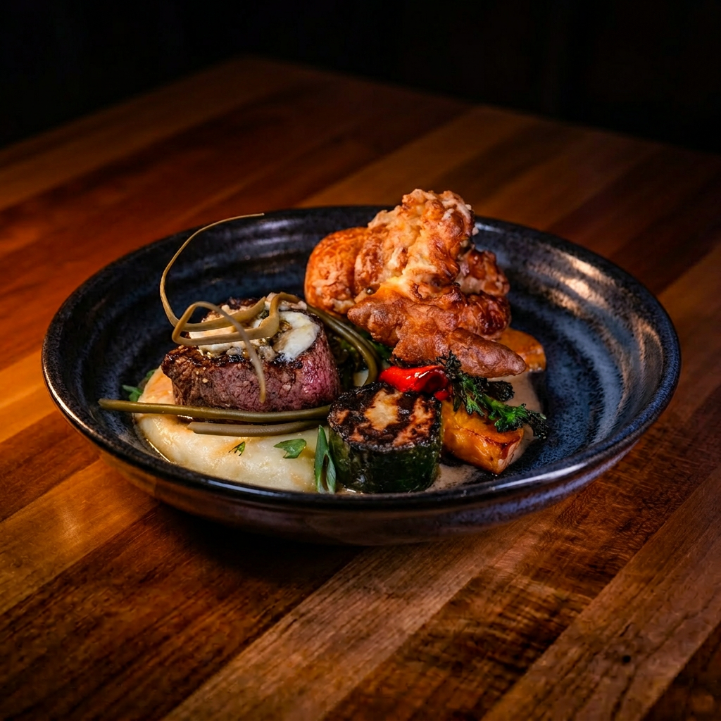 Beef tenderloin with mashed potato, grilled vegetables, and a savoury popover