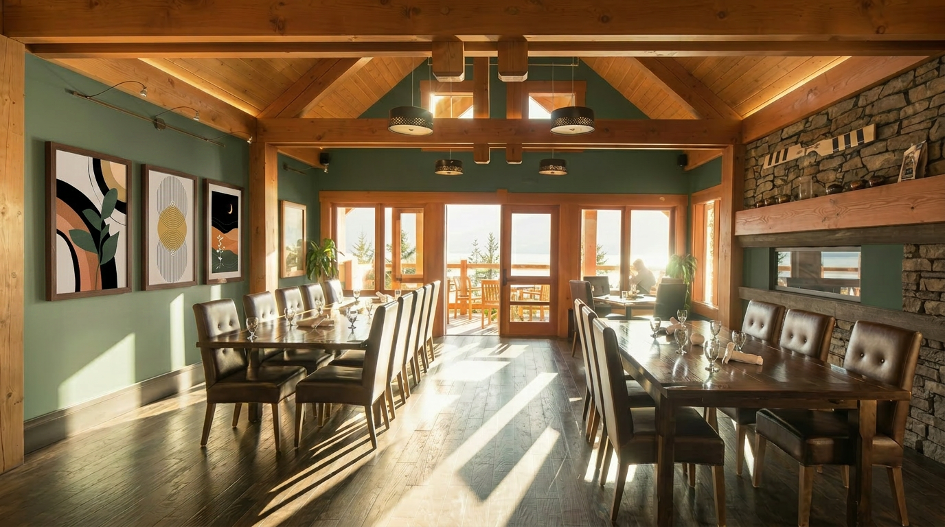 Chanterelle Private Dining Room with sage green walls, wood beams, stone fireplace and mountain views